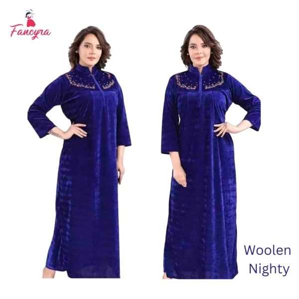 Fancyra Women Full Length Blue Woolen Blend Winter Nighty Nightdress - Image 4