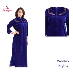 Fancyra Women Full Length Blue Woolen Blend Winter Nighty Nightdress