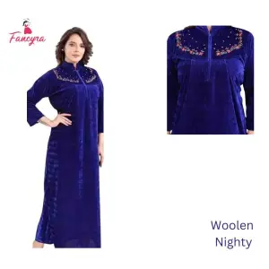 Fancyra Women Full Length Blue Woolen Blend Winter Nighty Nightdress