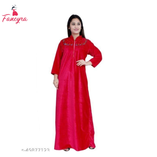 Fancyra Women Full Length Velvet Winter Nighty Nightdress - Image 2