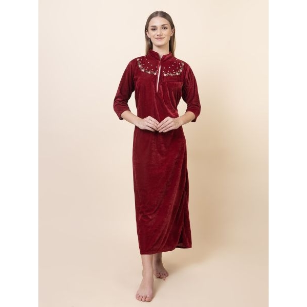 Fancyra Women Full Length Velvet Winter Nighty Nightdress - Image 3