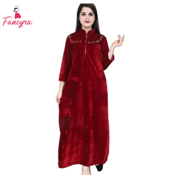 Fancyra Women Full Length Velvet Winter Nighty Nightdress - Image 3