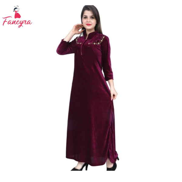 Fancyra Women Full Length Velvet Winter Nighty Nightdress - Image 4