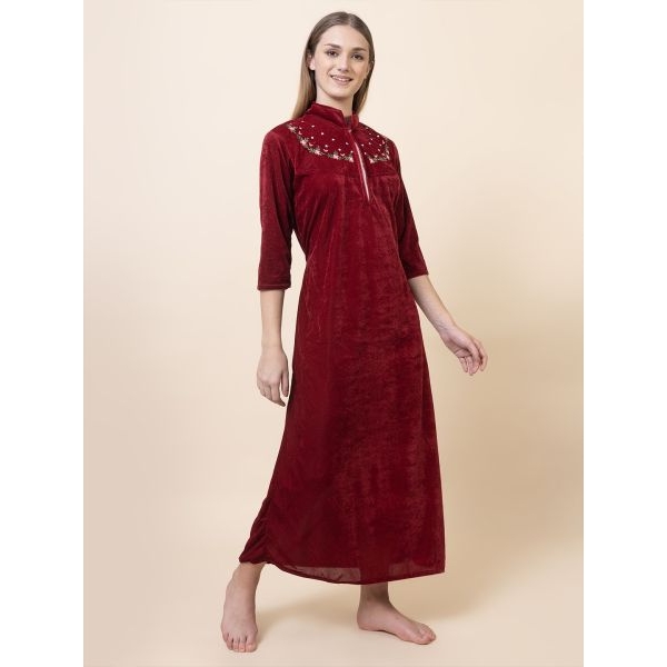 Fancyra Women Full Length Velvet Winter Nighty Nightdress - Image 5