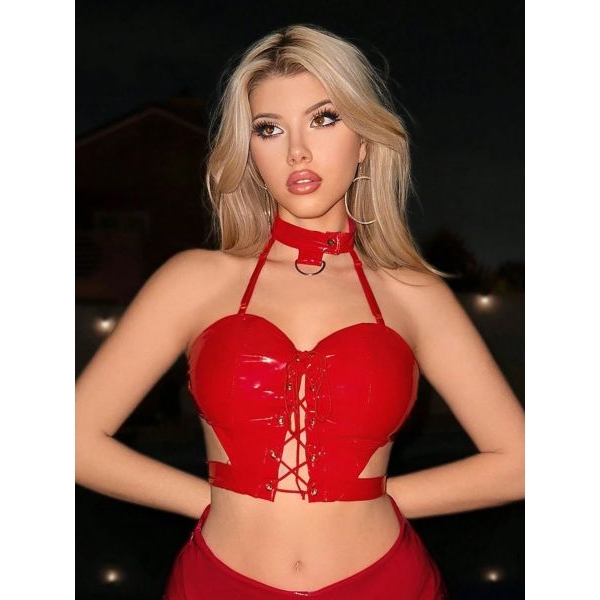 Fancyra Women Glossy Red Lace Up Crop Top Skirt Set Bold Partywear with Thong - Image 2