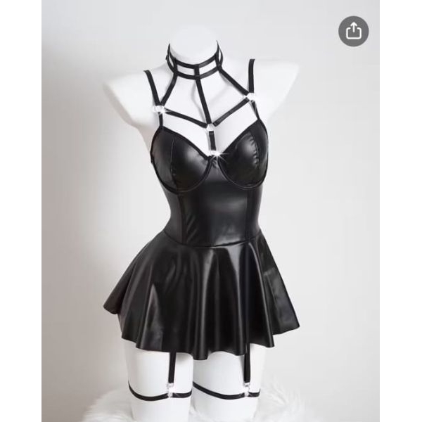 Fancyra Women Gothic Faux Leather Strappy Bustier Dress with Flared Skirt Lingerie - Image 3