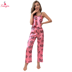 Fancyra Women Graphic Print Scoop Neck Cami Top with Long Pants Lounge Pajama Set