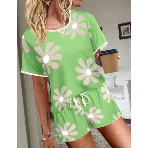 Fancyra Women Green Printed Short Sleeves Camisole Top and Shorts Pajama Set - Image 3