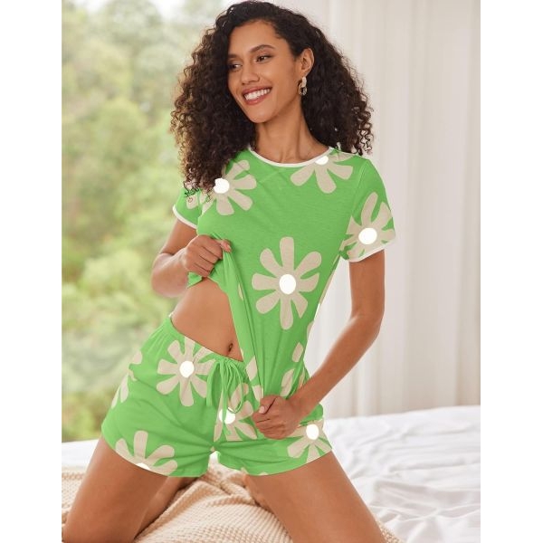 Fancyra Women Green Printed Short Sleeves Camisole Top and Shorts Pajama Set - Image 4