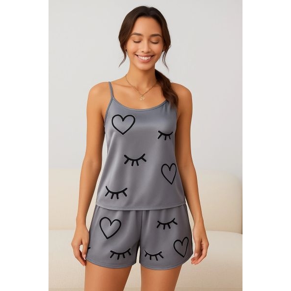 Fancyra Women Grey Printed Sleeveless Camisole Top & Shorts Pajama Set - Image 5