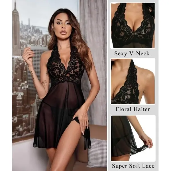 Fancyra Women Halter Neck Chemise Lace See Through Babydoll Lingerie Nighty - Image 2