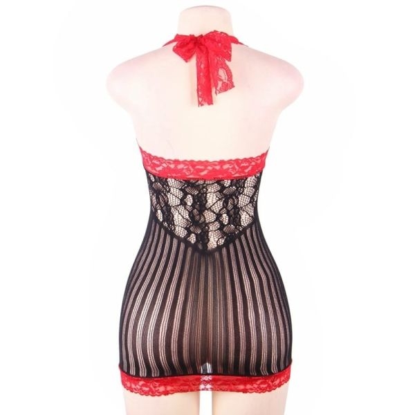 Fancyra Women Halter Neck Contrast Color Mesh Patchwork Bodystocking Lingerie - Image 5