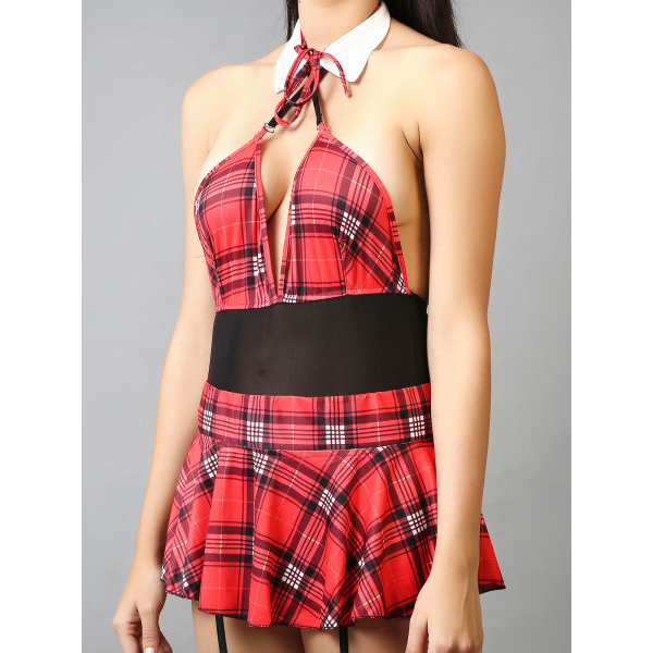 Fancyra Women Halter Teddy Roleplay Lingerie with Tie Mini Skirt and Stocking - Image 3