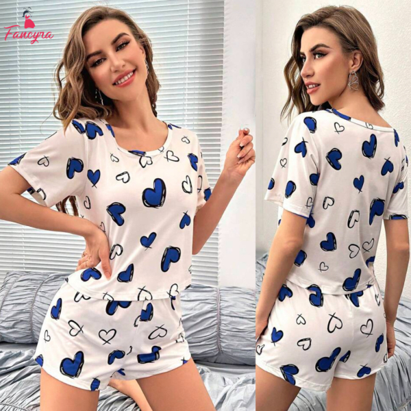 Fancyra Women Heart Print Elegant Tee and Shorts Pajama Set - Image 2