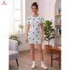 Fancyra Women Heart Print Ribbed Knit Soft Stretch Elegant Nightdress Nighty