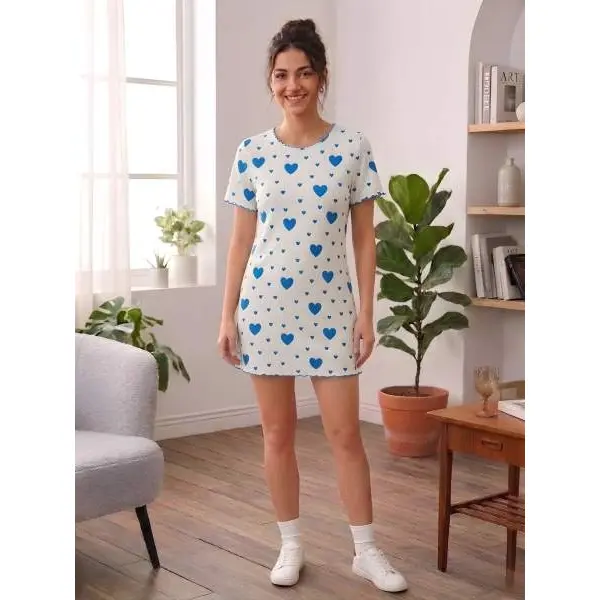 Fancyra Women Heart Print Ribbed Knit Soft Stretch Elegant Nightdress Nighty - Image 3