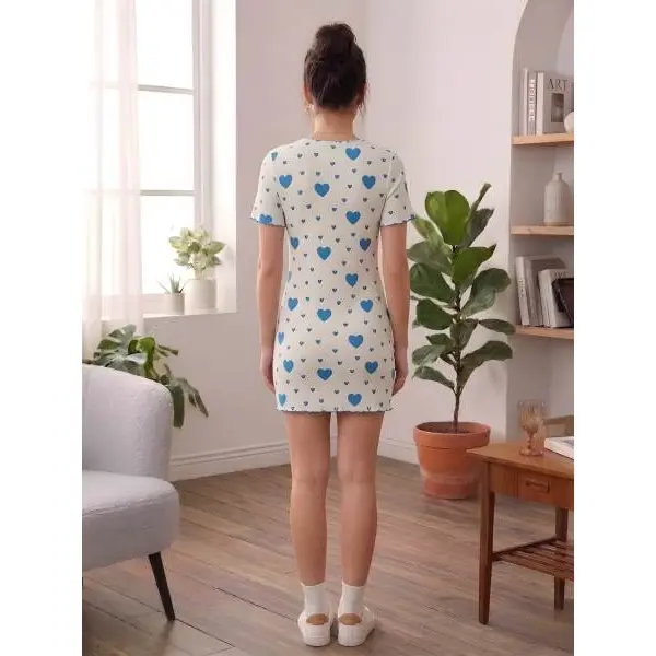 Fancyra Women Heart Print Ribbed Knit Soft Stretch Elegant Nightdress Nighty - Image 4