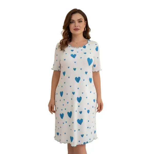 Fancyra Women Heart Print Short Sleeve Ribbed Knit Casual Mini Dress Comfortable Nighty - Image 2