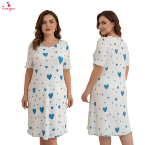 Fancyra Women Heart Print Short Sleeve Ribbed Knit Casual Mini Dress Comfortable Nighty