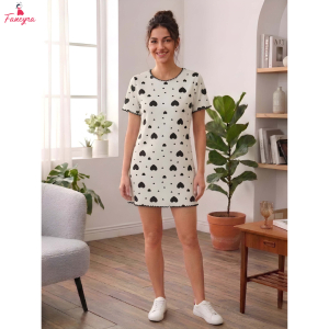 Fancyra Women Heart Printed Soft Stretch Ribbed Knit Comfortable Nighty Top Mini Dress