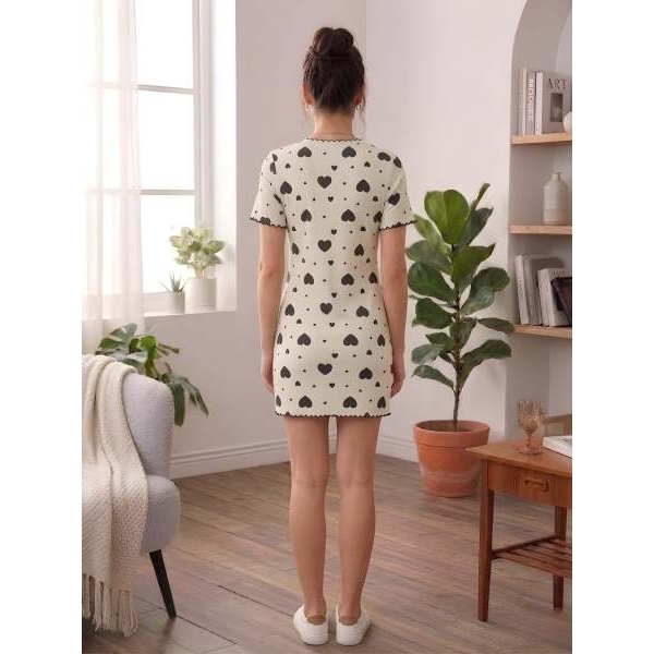 Fancyra Women Heart Printed Soft Stretch Ribbed Knit Comfortable Nighty Top Mini Dress - Image 5
