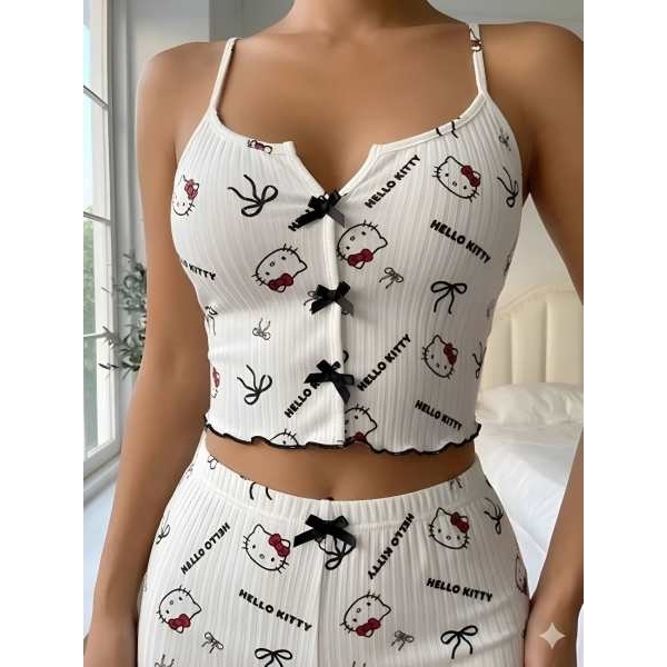 Fancyra Women Hello Kitty Print Hot Cami Top and Shorts Pajama Set - Image 4