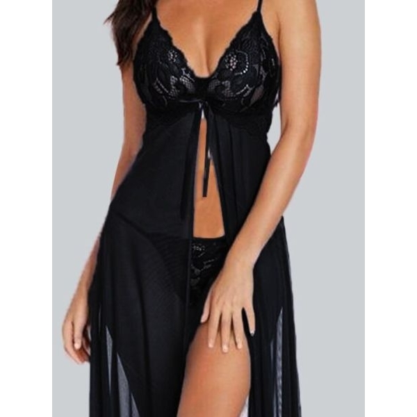 Fancyra Women High Split Lace Babydoll Lingerie Nightdress With G String Panty - Image 3