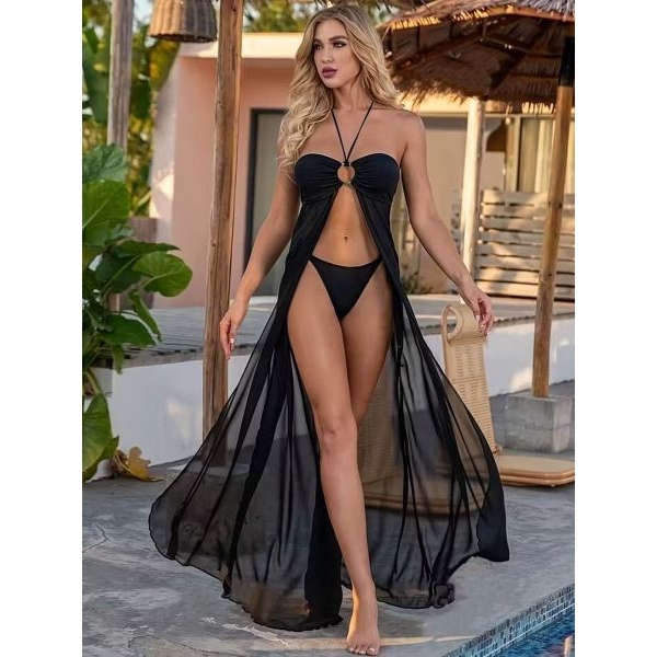 Fancyra Women High Split Lace Sheer Halter Neck Long Baby Doll Lingerie Nightwear with Panty - Image 3
