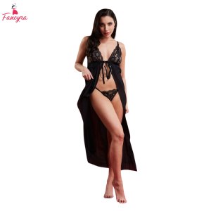 Fancyra Women High Split Lace Sheer Self Design Long Nightwear Baby Doll Lingerie With G String Panty