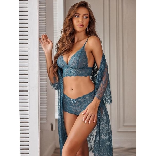 Fancyra Women Hot 3 Piece Set Lace Floral Kimono Robe with Bra and Panty Sheer Sleepwear Nighty - Image 3
