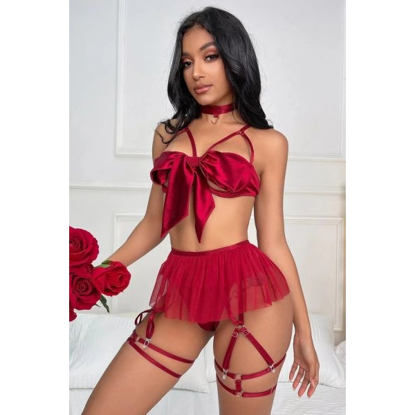 Fancyra Women Hot Front Bow Tie Lingerie Set with Garter Belts and Removable Choker - Image 4