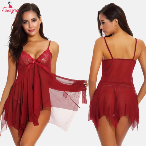 Fancyra Women Hot Lace Net Babydoll Lingerie Nighty with G String Panty - Image 2