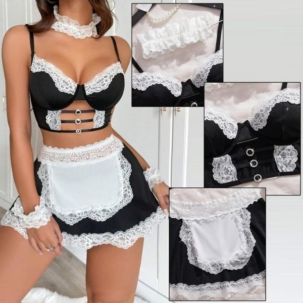 Fancyra Women Hot Lace Trim Maid Roleplay Cosplay Lingerie Set - Image 2