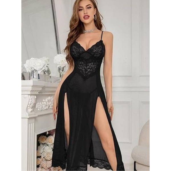 Fancyra Women Hot Long Floral Lace Babydoll Lingerie Nighty - Image 2