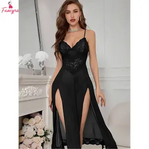 Fancyra Women Hot Long Floral Lace Babydoll Lingerie Nighty