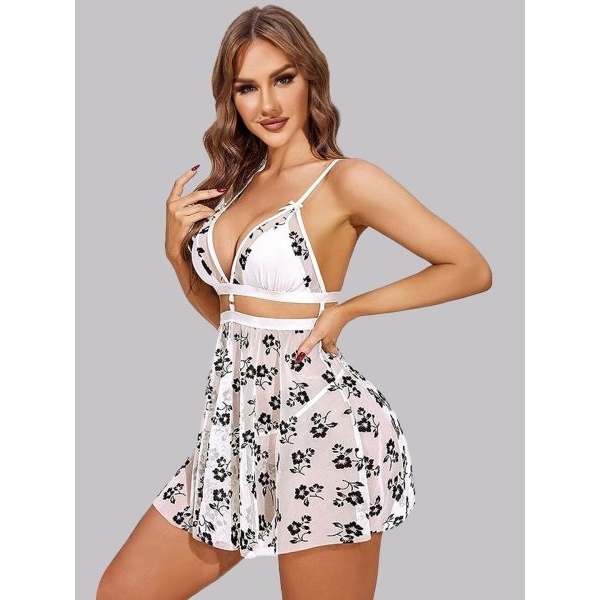 Fancyra Women Hot See Through Floral Printed Babydoll Lingerie Nighty - Image 2