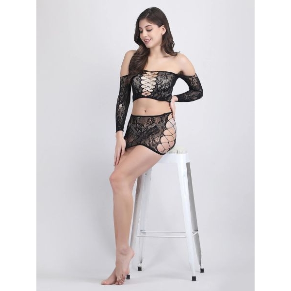 Fancyra Women Intimate Off-Shoulder Crop Top & Mini Skirt Fishnet Stocking Lingerie - Image 3