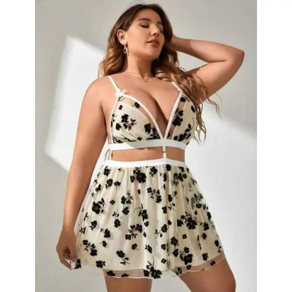 Fancyra Women Lace Babydoll V Neck Self Design Cut Out Lingerie - Image 2