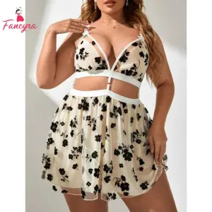 Fancyra Women Lace Babydoll V Neck Self Design Cut Out Lingerie