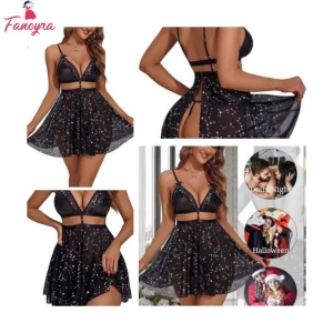 Fancyra Women Lace Babydoll V Neck Teddy Open Back Lingerie Mesh Nightdress
