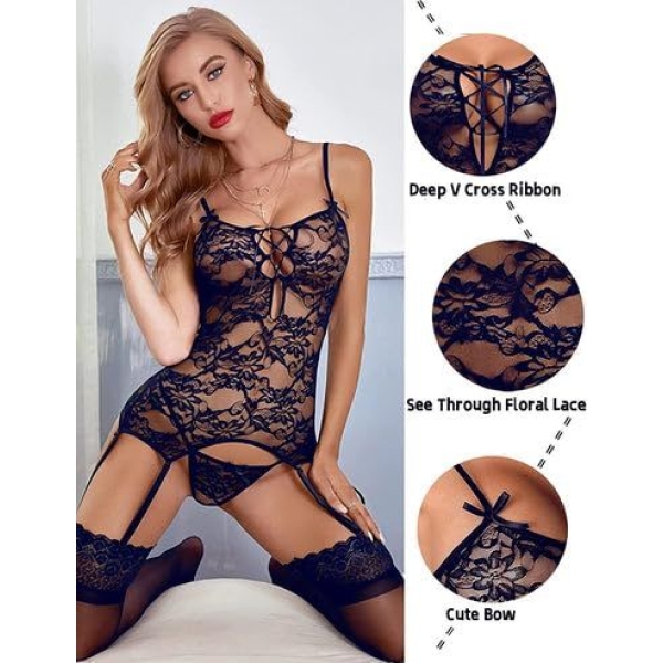 Fancyra Women Lace Bodysuit Lingerie Set Babydoll Chemise With Garter Belts Leg Stockings - Image 3