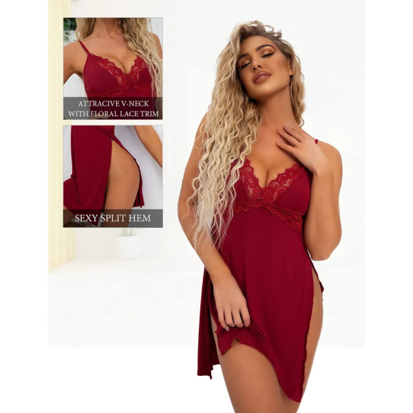 Fancyra Women Lace Chemise Nightgown Sleepwear V Neck Teddy Babydoll Lingerie - Image 2