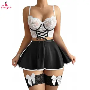 Fancyra Women Lace Corset Bustier Lingerie Set with Mini Skirt and Thigh Garters