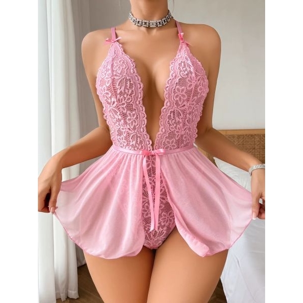 Fancyra Women Lace Deep V-Neck Mesh One Piece Hot Floral Babydoll Lingerie - Image 5