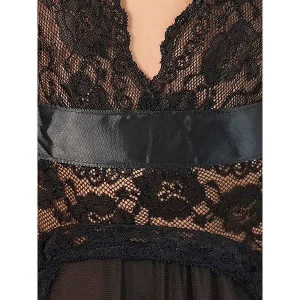 Fancyra Women Lace Detail Double High Split Mesh Slip Lingerie Babydoll Dress with Thong - Image 3
