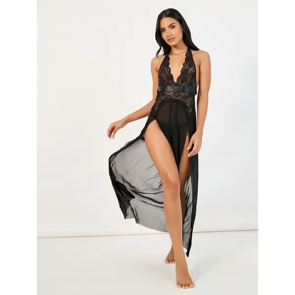 Fancyra Women Lace Detail Double High Split Mesh Slip Lingerie Babydoll Dress with Thong - Image 5