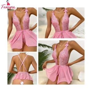 Fancyra Women Lace Flare Bodysuit Deep V Neck One Piece Babydoll Lingerie
