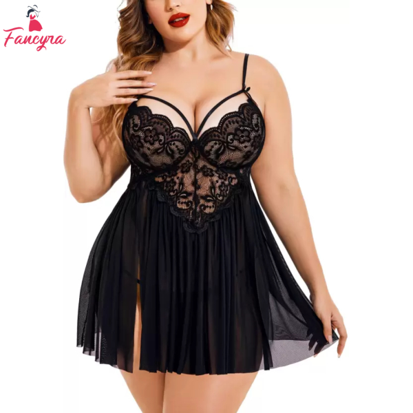 Fancyra Women Lace Floral Knee Length Babydoll Nightwear Lingerie Set with G-String Panty - Image 2
