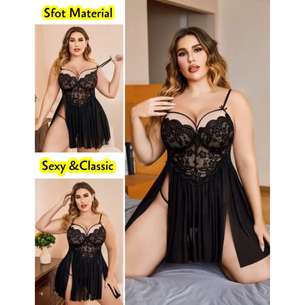 Fancyra Women Lace Floral Knee Length Babydoll Nightwear Lingerie Set with G-String Panty - Image 4