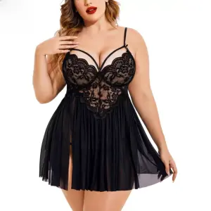 Fancyra Women Lace Floral Knee Length Babydoll Nightwear Lingerie Set with G-String Panty